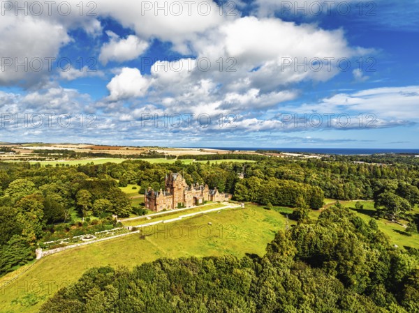 Ayton Castle from a drone, Ayton, Eyemouth, Scottish Borders, Scotland, UK