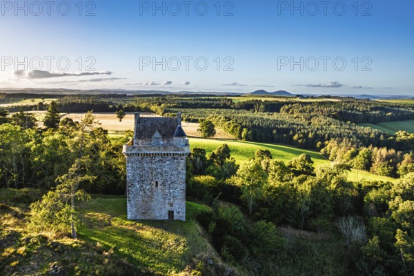 Fatlips Castle from a drone, Minto Crags, River Teviot, Roxburghshire, Scottish Borders, Scotland, UK