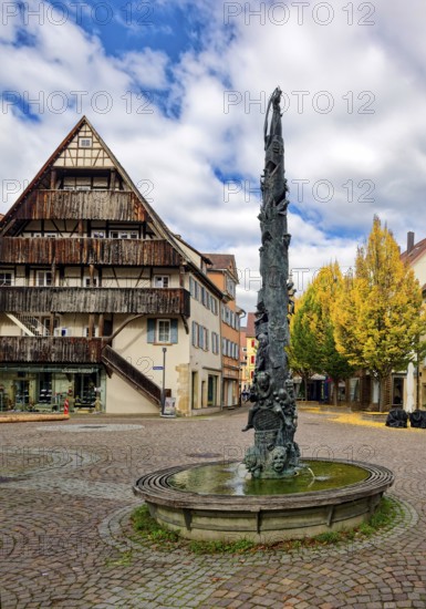 Narrenbrunnen, bronze statue, a work by artist Gerold Jäggle, Rottenburg am Neckar, Baden-Württemberg, Germany