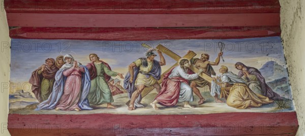 Fresco carrying the cross, Kalkweiler Gate, city gate with tower, built in the early 14th century, Rottenburg am Neckar, Baden-Württemberg, Germany