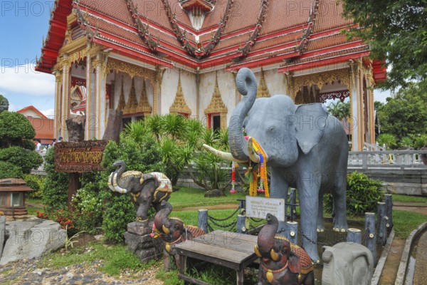 Ritual images Sculptures figures of Indian elephant in front of buildings in Wat Chalong Buddhist monastery complex, Phuket island, Phuket province, Thailand