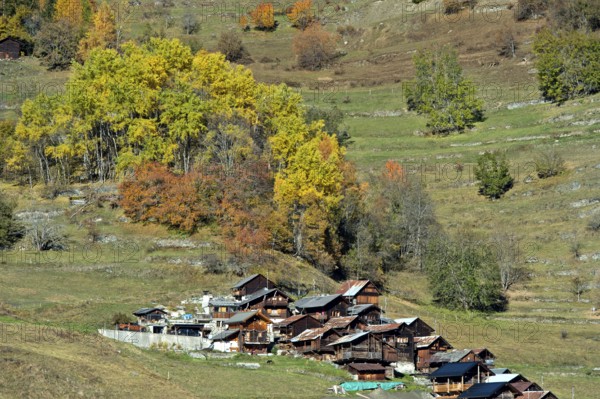 Remote hamlet near the village of Mâche in autumn, Val d'Hérens, Valais, Switzerland