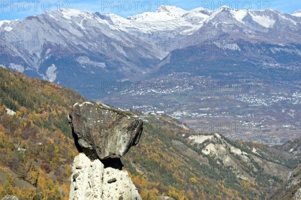 Boulders as the top of an earth pyramid from Euseigne, Heremence, Eringertal, Val d'Hérens, Valais, Switzerland