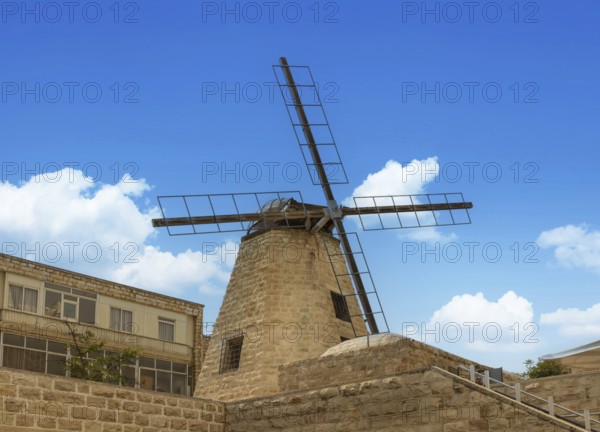 Montefiore Windmill in Jerusalem in Mishkenot Shaananim near historic old city center overlooking Jaffa gat