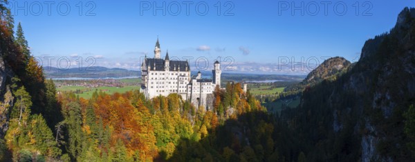 Neuschwanstein Castle towers over colorful forests in a vast landscape with blue skies, Schwangau, Königswinkel, Ostallgäu, Allgäu, Swabia, Bavaria, Germany