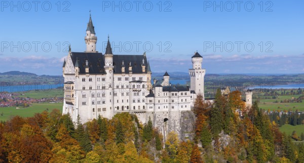 A detailed view of Neuschwanstein Castle with autumn colors and wide fields in the background, Schwangau, Königswinkel, Ostallgäu, Allgäu, Swabia, Bavaria, Germany
