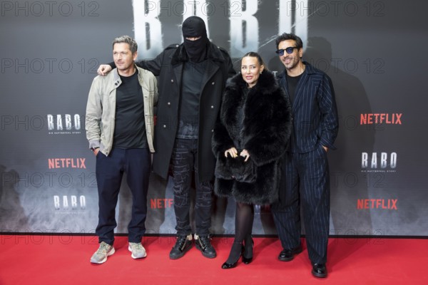 Paco-Luca Nitsche, Aykut Anhan aka Haftbefehl, Nina Anhan and Elyas M'Barek at the premiere of the Netflix film Babo at the Astor Film Lounge Berlin on 24.10.2025