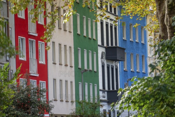 Residential buildings in Düsseldorf-Bilk, facades with different colors, rental apartments, past, North Rhine-Westphalia