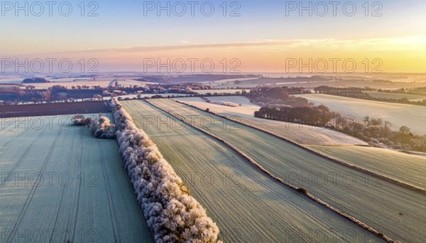 Bird Eye Perspective of Frost Covered Farmland. Seasonal Agricultural Scenery, winter and autumn scene, blue sky with golden light at sunrise, AI generated