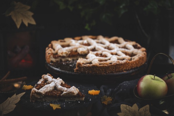 Apple cake with powdered sugar on a dark table with autumn decorations