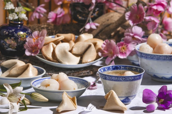 Lychee, lychee wine and fortune cookies in Asian tableware surrounded by blossoms