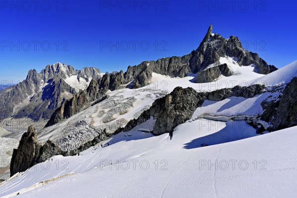 View of the Glacier du Géant from the Télécabine Panorama Railway, behind the Dente del Gigante, Chamonix-Mont-Blanc, Haute-Savoie, France