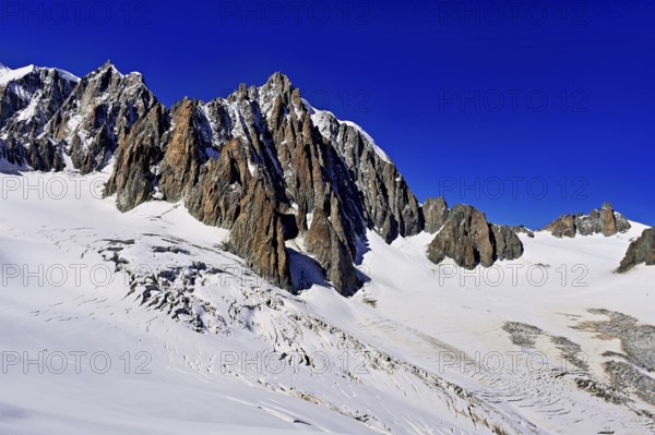 View from the Télécabine Panorama Railway of the Mont Blanc du Tacul mountain station, the Aiguille du Midi mountain station in the foreground, the glacier du Géant, Chamonix-Mont-Blanc, Haute-Savoie, France