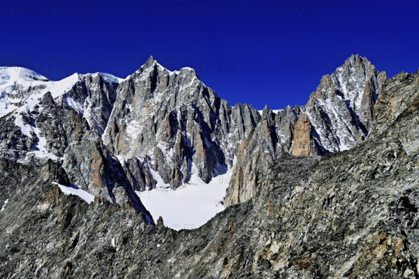 From the left, Mont Blanc, Mont Maudit, Mont Blanc du Tacul, Pointe Helbronner viewing terrace, Chamonix-Mont-Blanc, Haute-Savoie, watershed Italy, France