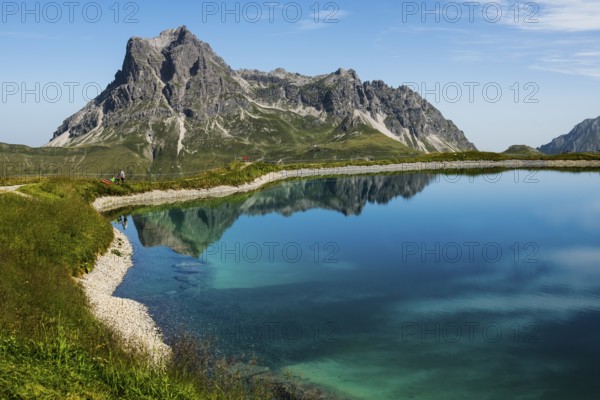 Mountain landscape with reservoir and chairlift, Saloberkopf, Widderstein, Warth, Bregenzerwald, Vorarlberg, Alps, Austria