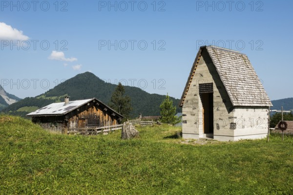 Alm and modern chapel, Alm Enge, Hirschau, Bregenzerwald, Vorarlberg, Alps, Austria