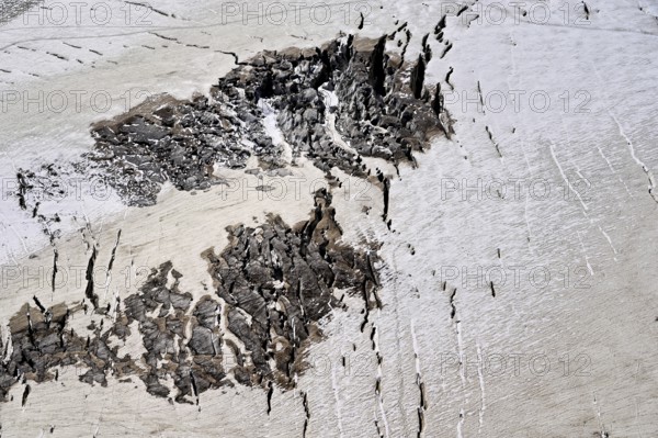 View from the Télécabine Panorama Railway of the glacial crevices of the Glacier du Géant, Chamonix-Mont-Blanc, Haute-Savoie, France