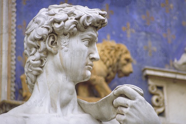 Copy of the David sculpture, detail, original is by the artist Michelangelo Buonarroti, Piazza della Signoria, Florence, Italy
