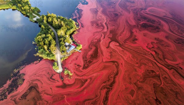 Red algae plant on the lake. abstract ecology nature concept, wild landscape with vibrant red colored water and green forest on a sunny day in summer, Aerial view, wilderness nature with no people around, AI generated
