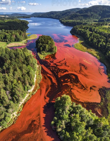 Red algae plant on the lake. abstract ecology nature concept, wild landscape with vibrant red colored water and green forest on a sunny day in summer, Aerial view, wilderness nature with no people around, AI generated