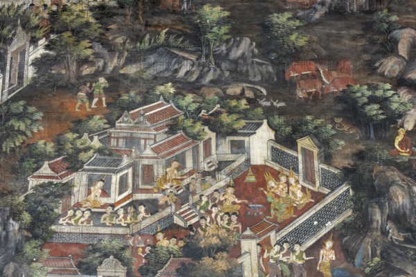 Exquisite wall paintings, interior view of Phra Ubosot or ordination hall, Wat Suthat Thepwararam, Royal Temple, Phra Nakhon, Bangkok, Thailand