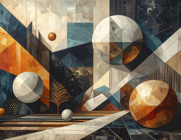 Vector art illustration, spheres, rectangles, triangles and geometric pattern, vector wallpaper illustration, textured background in vibrant colors, abstract drawing, simple artwork design for template or banner, AI generated