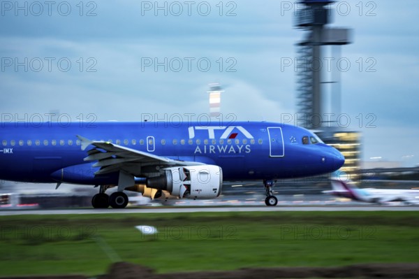 ITA Airways Airbus A319 landing at Düsseldorf Airport, North Rhine-Westphalia, Germany