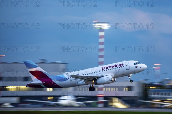 Eurowings Airbus A319 taking off from Düsseldorf Airport, North Rhine-Westphalia, Germany