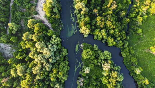 Ecology and environment concept. Green wilderness nature from above. Aerial view on meandering river landscape with trees and meadows. Healthy nature with tranquil atmosphere, AI generated