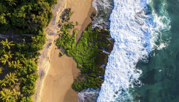 Green algae on the shore of an ocean. Fascinating phenomenon of wilderness nature, green plants, white sands, blue water and rocky cliffs, Aerial view of a beautiful abstract landscape, AI generated