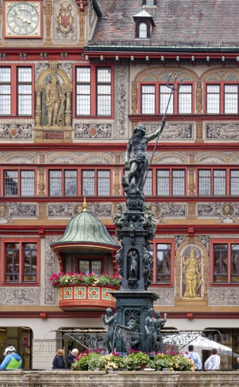 Market square with town hall and Neptune fountain with Neptune and trident from the Renaissance, Tübingen, Baden-Württemberg, Germany