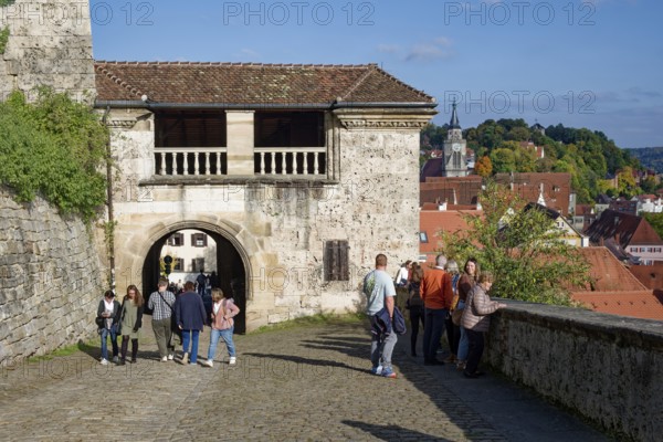 Lower castle gate with view of the old town, Hohentübingen Castle, Tübingen, Baden-Württemberg, Germany