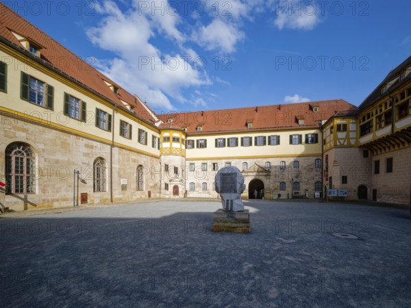 Courtyard with monumental portrait of Roman Emperor Augustus, Hohentübingen Castle, Tübingen, Baden-Württemberg, Germany