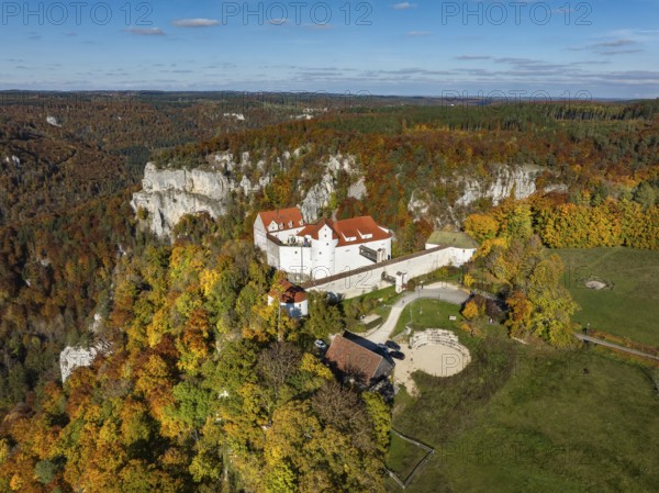 Aerial view of Wildenstein Castle near Leibertingen, surrounded by autumn vegetation, Upper Danube Valley, Sigmaringen district, Baden-Württemberg, Germany