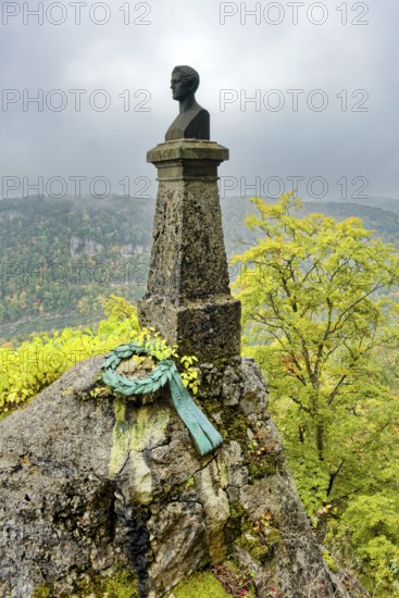 Wilhelm Hauff Memorial, memorial stone for Wilhelm Hauff, Romantic writer and fairy tale poet, Lichtenstein Castle, also known as Württemberg's fairytale castle, built in the style of historicism, Lichtenstein, Swabian Jura, Baden-Württemberg, Germany