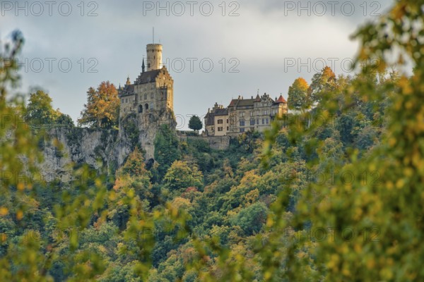 Lichtenstein Castle, also known as Württemberg's fairytale castle, built in the style of historicism, in the evening light, Lichtenstein, Swabian Jura, Baden-Württemberg, Germany