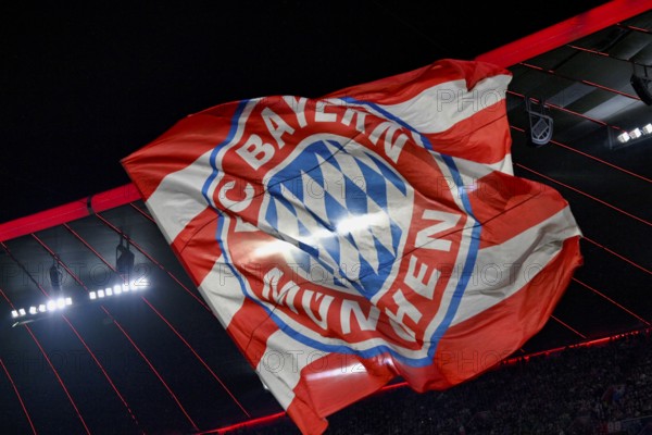 Flag, flying under stadium roof, logo FC Bayern Munich, FCB, Champions League, Allianz Arena, Munich, Bayern, Germany
