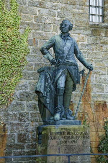 Bronze statue of Frederick II the Great. King of Prussia, Hohenzollern Castle, ancestral home of the House of Hohenzollern, noble family, German emperors, Bisingen, Baden-Württemberg, Germany