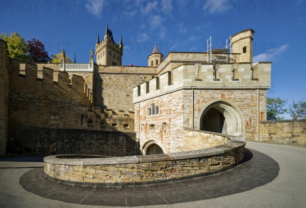 Eagle Tower and part of the fortification, Hohenzollern Castle, ancestral home of the House of Hohenzollern, noble family, German emperors, Bisingen, Baden-Württemberg, Germany