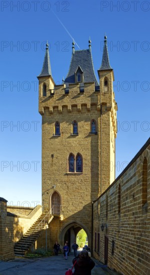 Eagle Tower and part of the fortification, Hohenzollern Castle, ancestral home of the House of Hohenzollern, noble family, German emperors, Bisingen, Baden-Württemberg, Germany