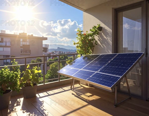 Sunlight Glinting Off Solar Panels on Contemporary Apartment Balcony, energy solution, concept of sustainable energy and environment protection, AI generated