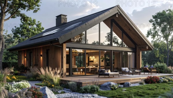 Modern Extension on a Traditional Cottage with Glass and Wood Architecture, green garden with plants and trees in the wilderness, evening soft twilight, on a clear sky, lights insight, AI generated