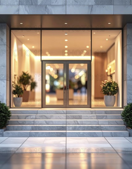 Modern building entrance with stairs, glass facade, and plants in warm evening light, empty storefront entrance with a gently stairs access, modern building with glass facade, blurred background, soft sunlight at evening, no people, AI generated