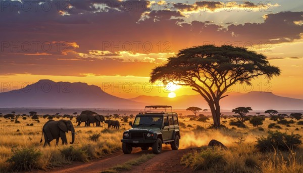 African savannah sunrise with a jeep safari and elephants, AI generated