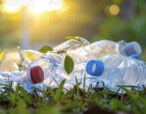 Crushed plastic water bottle waste in a wild landscape, symbol for nature protection, waste avoidance, recycling and ecology concepts on earth environment, AI generated