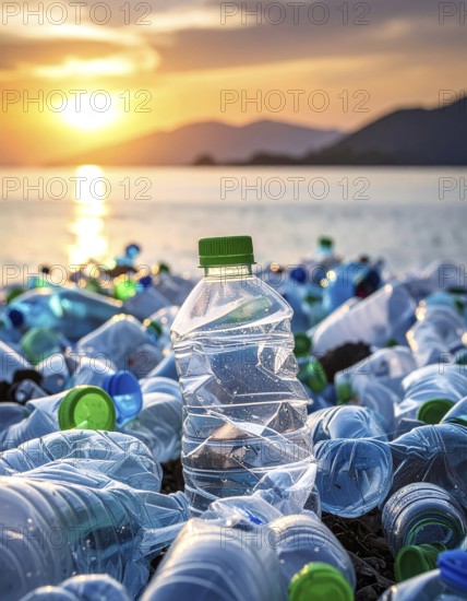 Crushed plastic water bottle waste in a wild landscape, symbol for nature protection, waste avoidance, recycling and ecology concepts on earth environment, AI generated