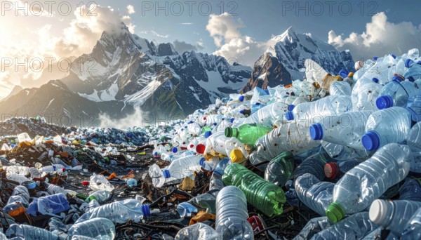 Crushed plastic water bottle waste in a wild landscape, symbol for nature protection, waste avoidance, recycling and ecology concepts on earth environment, AI generated