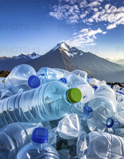 Crushed plastic water bottle waste in a wild landscape, symbol for nature protection, waste avoidance, recycling and ecology concepts on earth environment, AI generated