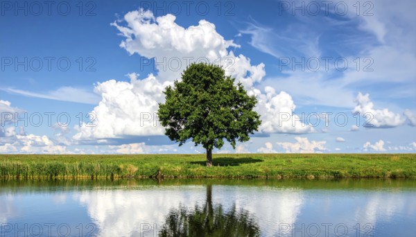 Single and lonely tree near to a lake, meadow and lot of wild grass around, hilly wilderness landscape with blue sky, beautiful clouds on the horizon, nobody around, concept of freedom, traveling and beauty of nature, AI generated