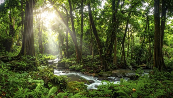 Banner background of tropical forest landscape scene, green wild jungle, cloudy sky at morning, concept and symbol of environmental ecology and sustainable energy, AI generated